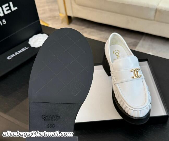 Popular Style Chanel Calfskin Loafers 5.5cm with Metal CC White 1120006