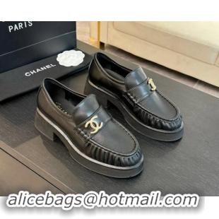 Pretty Style Chanel Calfskin Loafers 5.5cm with Metal CC Black 1120007