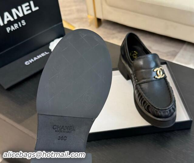 Pretty Style Chanel Calfskin Loafers 5.5cm with Metal CC Black 1120007