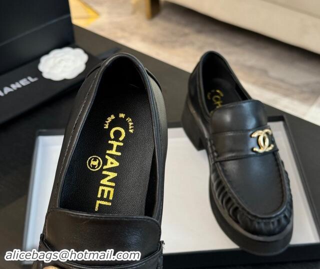 Pretty Style Chanel Calfskin Loafers 5.5cm with Metal CC Black 1120007