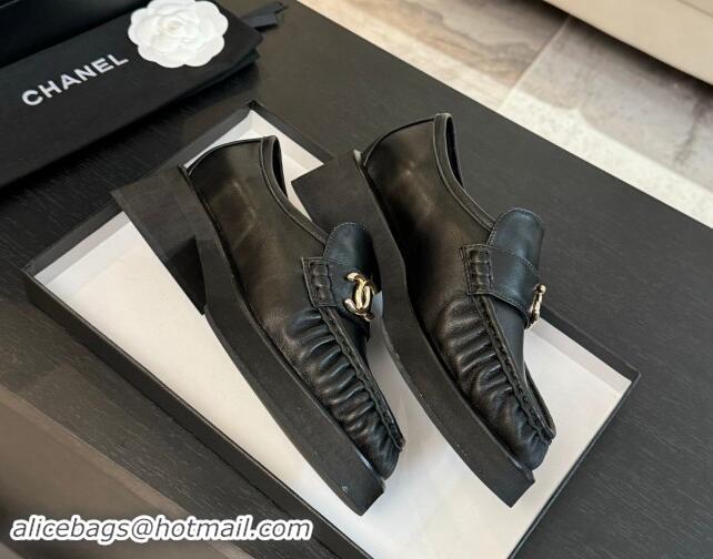 Pretty Style Chanel Calfskin Loafers 5.5cm with Metal CC Black 1120007