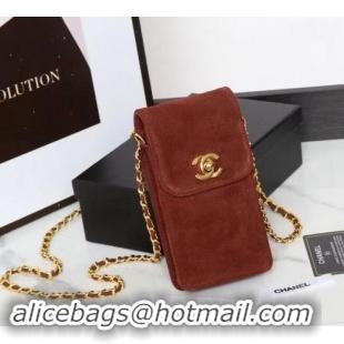 Cheapest Chanel Suede Phone Holder with Chain 1127 Dark Brown 2024