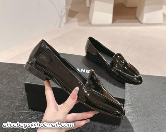 Best Grade Chanel Patent Calfskin Loafers Flat with One-Tone CC Black 120011