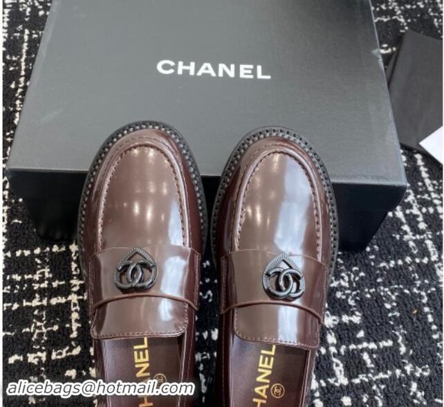 Best Price Chanel Shiny Calfskin Loafers with Black Heart Dark Brown 120012