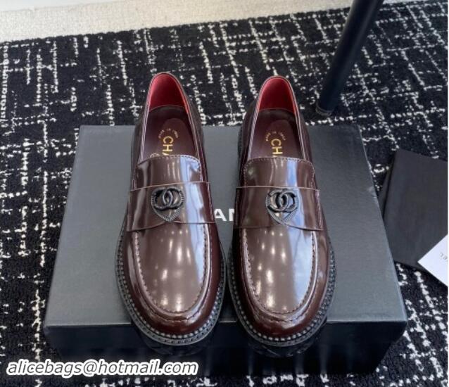 Best Price Chanel Shiny Calfskin Loafers with Black Heart Dark Brown 120012