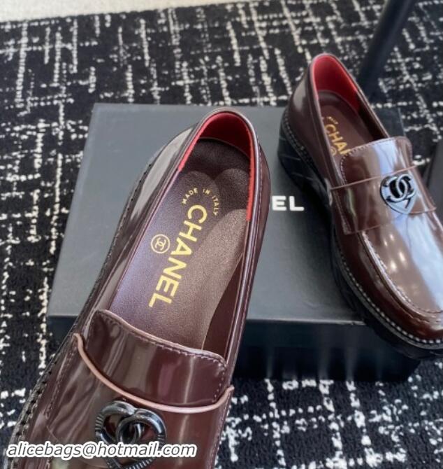 Best Price Chanel Shiny Calfskin Loafers with Black Heart Dark Brown 120012