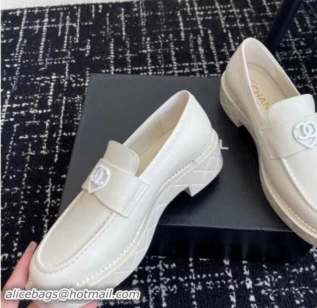 Trendy Design Chanel Calfskin Loafers with Heart All White 120013