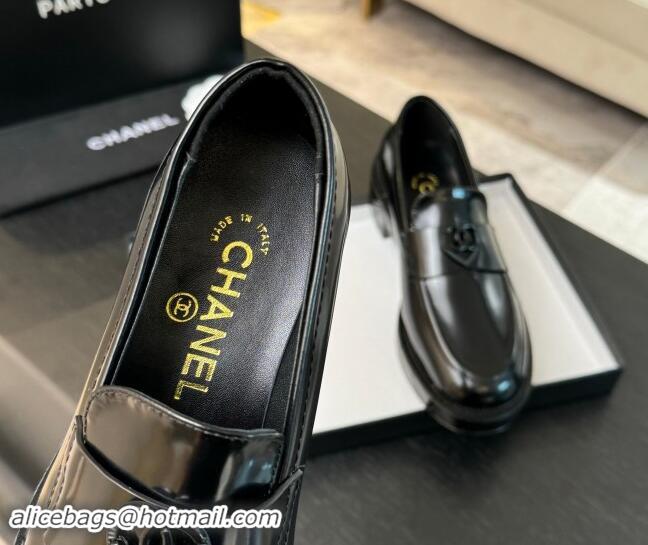 Best Quality Chanel Shiny Calfskin Loafers with Black Heart Black 120014