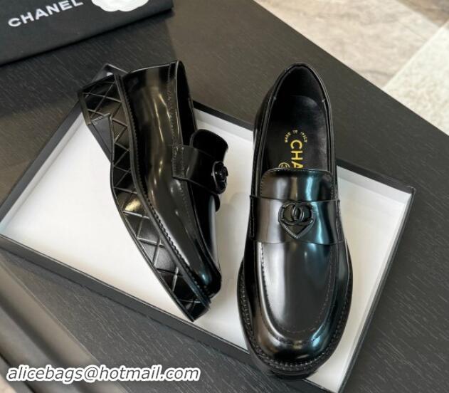 Best Quality Chanel Shiny Calfskin Loafers with Black Heart Black 120014