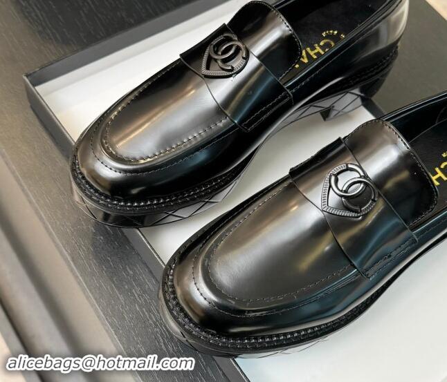 Best Quality Chanel Shiny Calfskin Loafers with Black Heart Black 120014