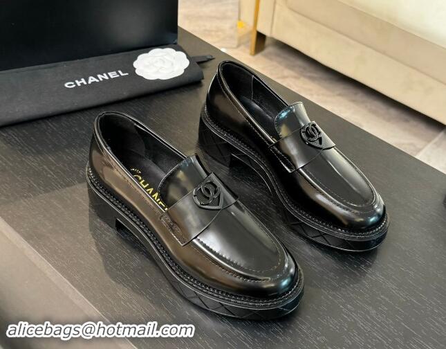 Best Quality Chanel Shiny Calfskin Loafers with Black Heart Black 120014