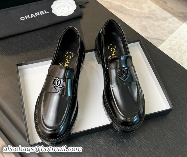 Best Quality Chanel Shiny Calfskin Loafers with Black Heart Black 120014