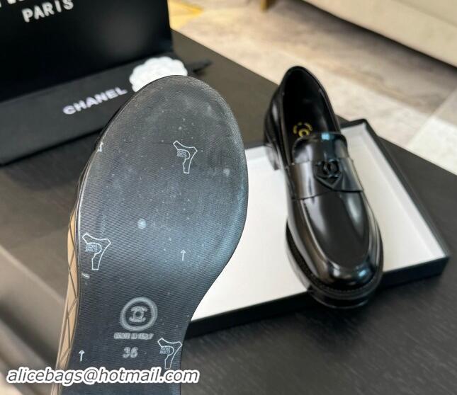 Best Quality Chanel Shiny Calfskin Loafers with Black Heart Black 120014