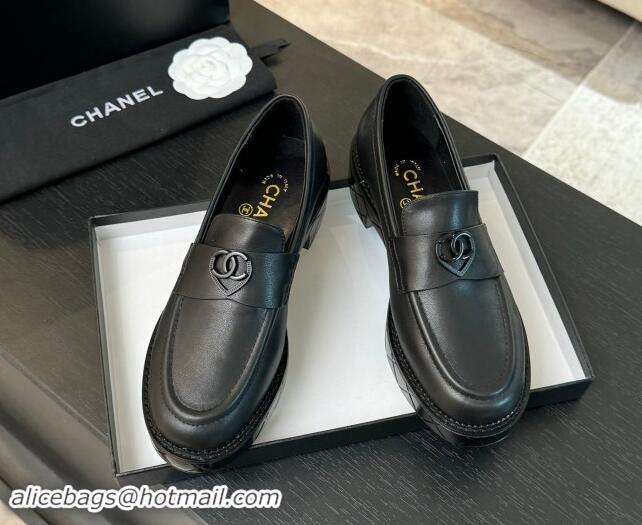 Big Enough Chanel Calfskin Leather Loafers with Black Heart Black 120015