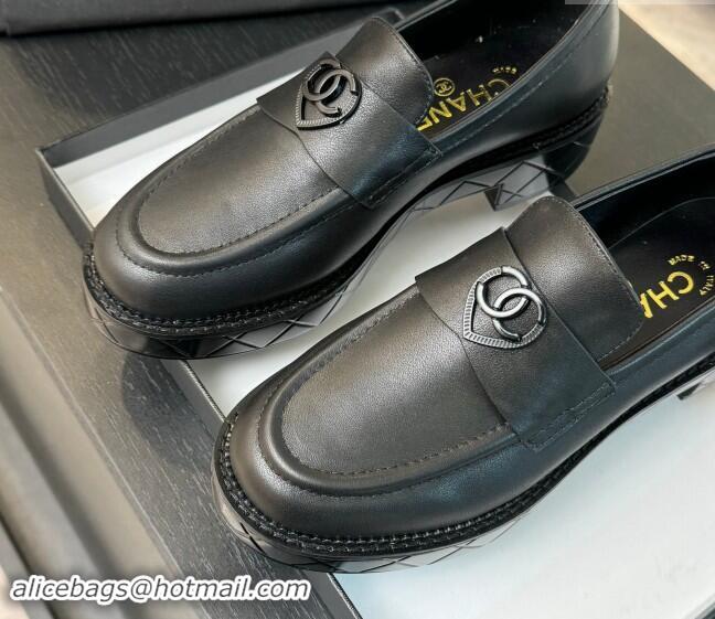 Big Enough Chanel Calfskin Leather Loafers with Black Heart Black 120015