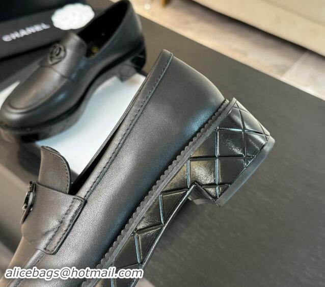 Big Enough Chanel Calfskin Leather Loafers with Black Heart Black 120015