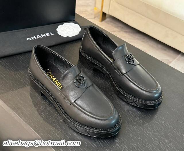 Big Enough Chanel Calfskin Leather Loafers with Black Heart Black 120015