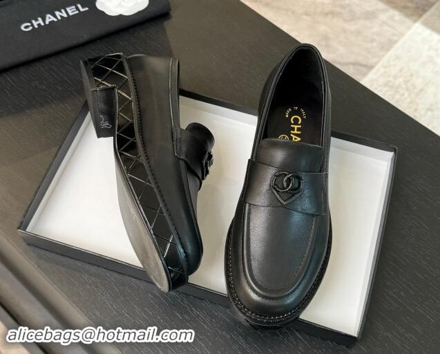 Big Enough Chanel Calfskin Leather Loafers with Black Heart Black 120015