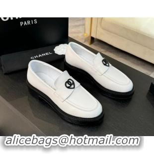 Super Quality Chanel Calfskin Leather Loafers with Black Heart White 1120016