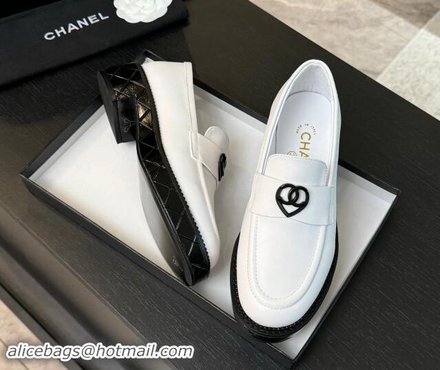 Super Quality Chanel Calfskin Leather Loafers with Black Heart White 1120016