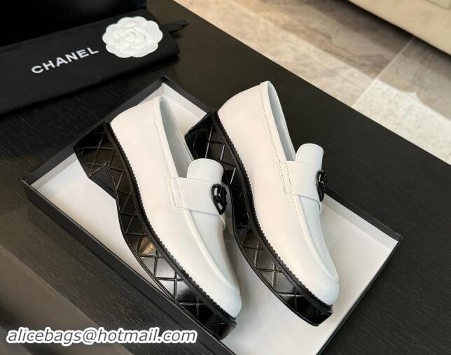 Super Quality Chanel Calfskin Leather Loafers with Black Heart White 1120016