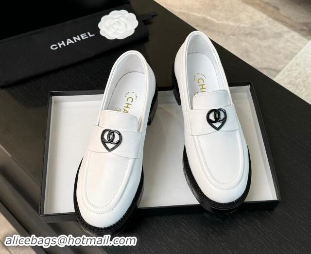 Super Quality Chanel Calfskin Leather Loafers with Black Heart White 1120016