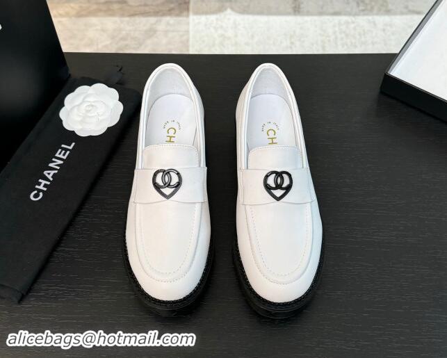 Super Quality Chanel Calfskin Leather Loafers with Black Heart White 1120016