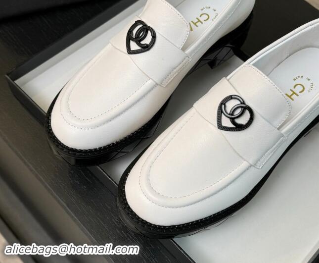 Super Quality Chanel Calfskin Leather Loafers with Black Heart White 1120016