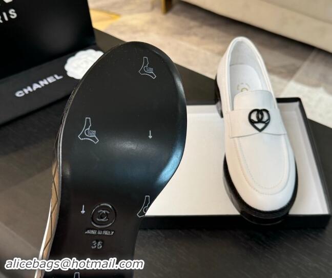 Super Quality Chanel Calfskin Leather Loafers with Black Heart White 1120016