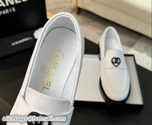 Super Quality Chanel Calfskin Leather Loafers with Black Heart White 1120016