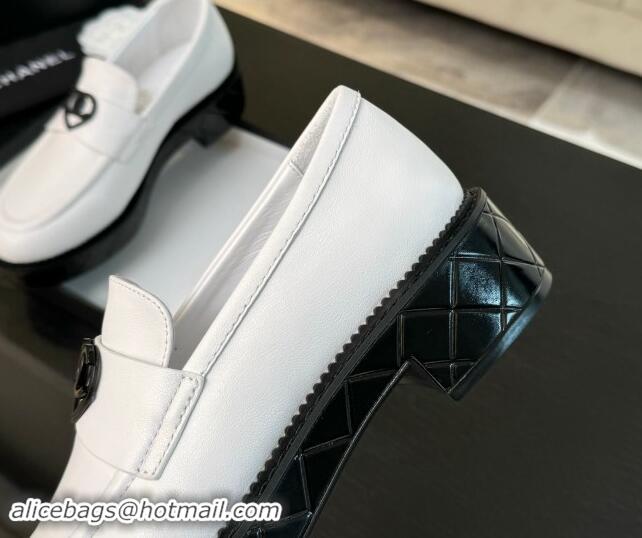 Super Quality Chanel Calfskin Leather Loafers with Black Heart White 1120016