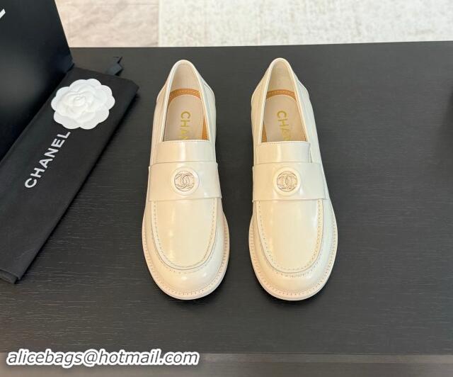 Popular Style Chanel Shiny Calfskin Loafers with Circle CC White 1120018