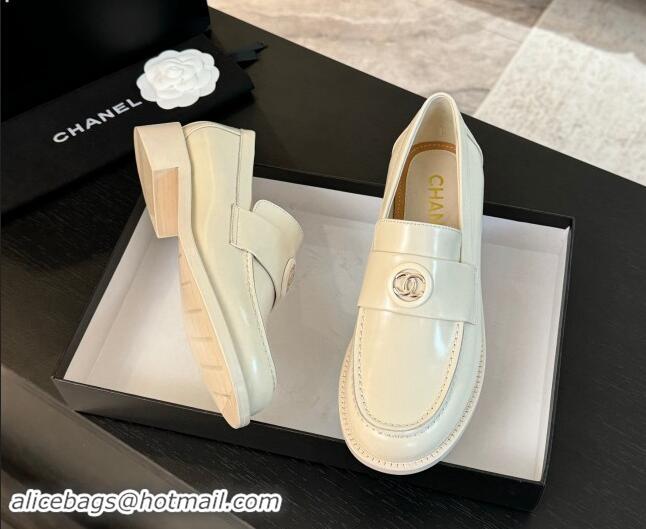 Popular Style Chanel Shiny Calfskin Loafers with Circle CC White 1120018