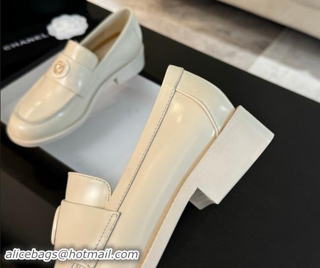 Popular Style Chanel Shiny Calfskin Loafers with Circle CC White 1120018