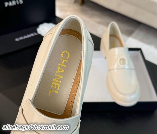 Popular Style Chanel Shiny Calfskin Loafers with Circle CC White 1120018