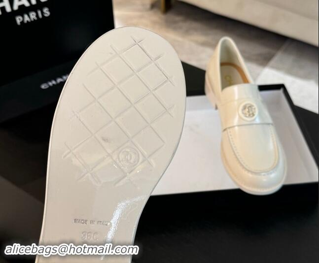 Popular Style Chanel Shiny Calfskin Loafers with Circle CC White 1120018