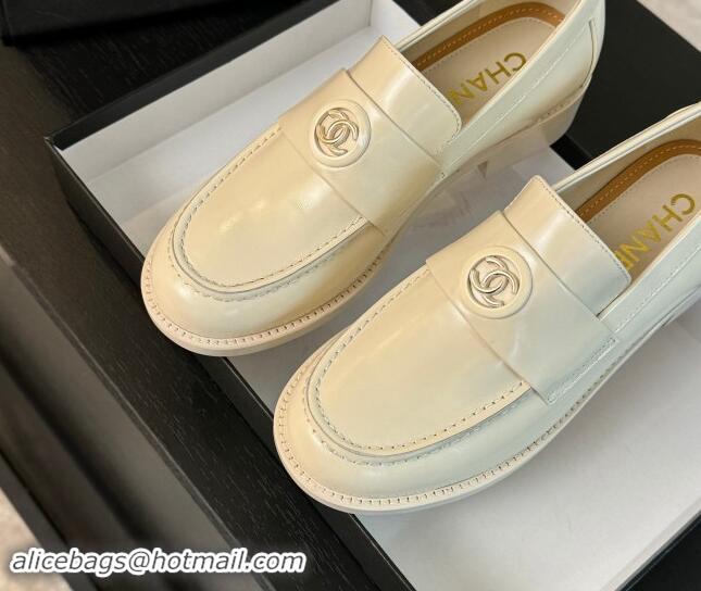 Popular Style Chanel Shiny Calfskin Loafers with Circle CC White 1120018