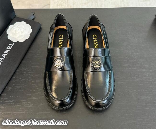 New Style Chanel Shiny Calfskin Loafers with Circle CC Black 1120019