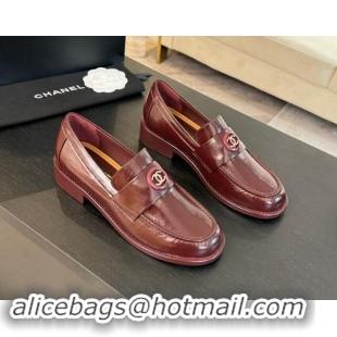 Buy Luxury Chanel Shiny Calfskin Loafers with Circle CC Burgundy 1120020