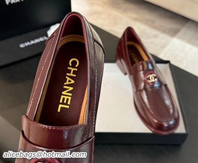 Buy Luxury Chanel Shiny Calfskin Loafers with Circle CC Burgundy 1120020