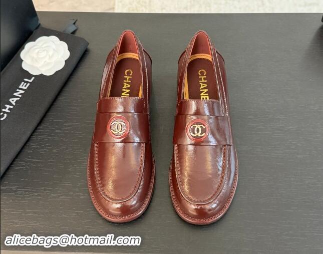 Buy Luxury Chanel Shiny Calfskin Loafers with Circle CC Burgundy 1120020