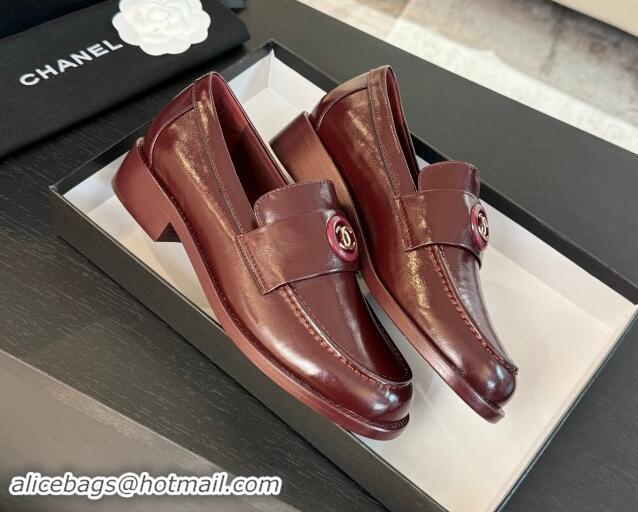 Buy Luxury Chanel Shiny Calfskin Loafers with Circle CC Burgundy 1120020