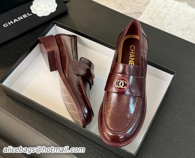 Buy Luxury Chanel Shiny Calfskin Loafers with Circle CC Burgundy 1120020