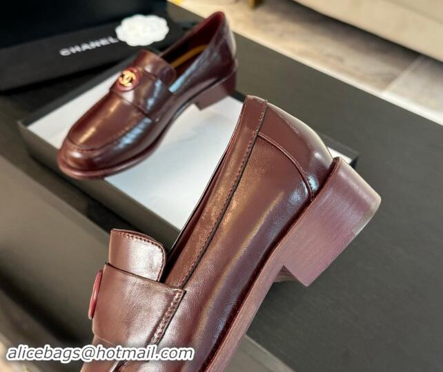 Buy Luxury Chanel Shiny Calfskin Loafers with Circle CC Burgundy 1120020