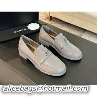 Good Quality Chanel Shiny Calfskin Loafers with Circle CC Grey 1120021