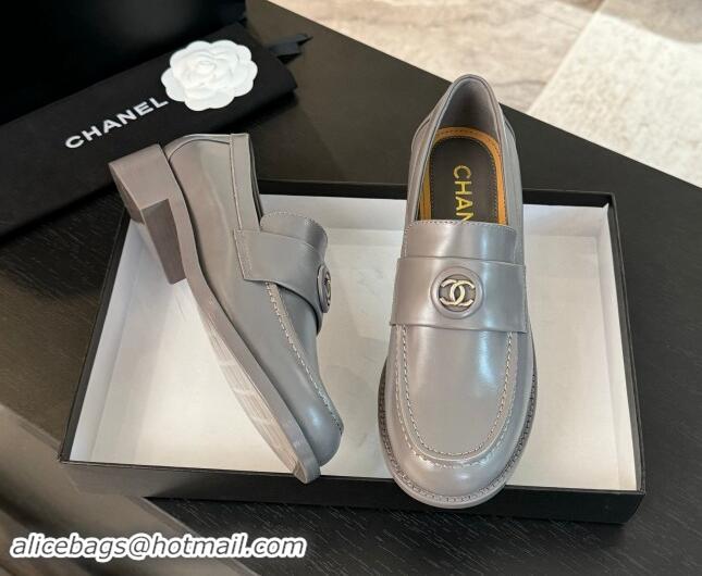 Good Quality Chanel Shiny Calfskin Loafers with Circle CC Grey 1120021