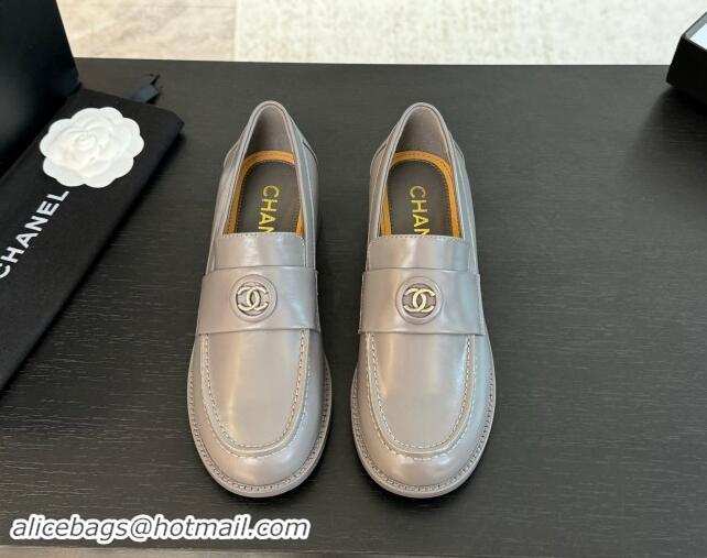 Good Quality Chanel Shiny Calfskin Loafers with Circle CC Grey 1120021