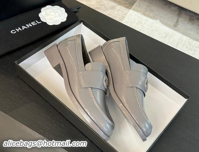 Good Quality Chanel Shiny Calfskin Loafers with Circle CC Grey 1120021