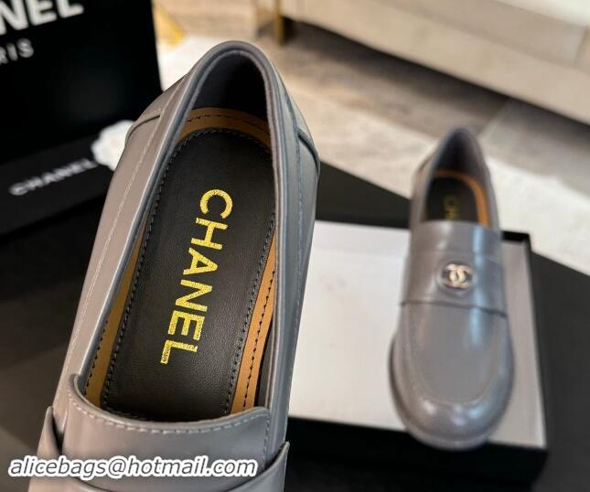 Good Quality Chanel Shiny Calfskin Loafers with Circle CC Grey 1120021