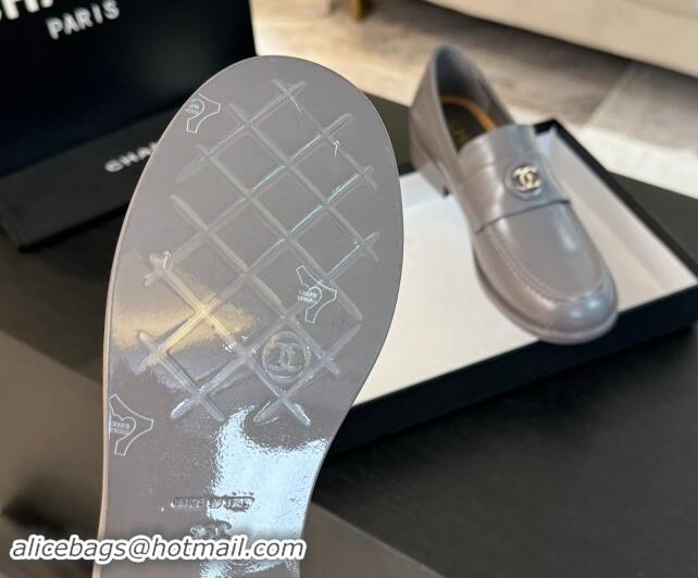 Good Quality Chanel Shiny Calfskin Loafers with Circle CC Grey 1120021